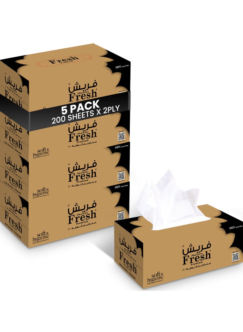 SNH Packing صناديق مناديل الوجه فائقة النعومة من SNH Packing 200 ورقة 2 طبقة - عبوة من 5 صناديق مناديل مربعة للاستخدام المنزلي والمكتبي - لطيفة على جميع أنواع البشرة، صندوق مناديل ناعم وامتصاصي للاستخدام اليومي - Image 1